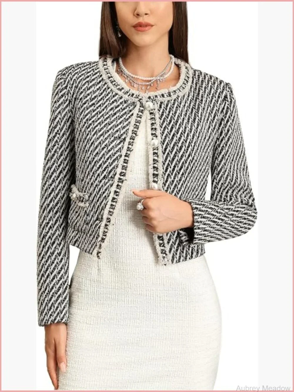 Cropped Blazer Jacket with Pockets Collarless Long Sleeve Tweed